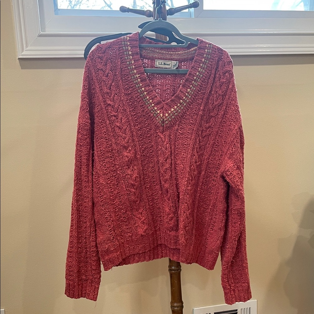 L.L. Bean Red V-Neck Sweater with Cable Knit